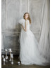 V Neck Ivory Lace Tulle Buttons Back Wedding Dress
